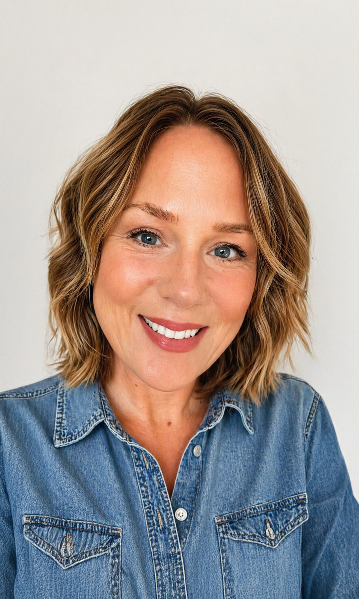 A woman with shoulder-length wavy brown hair and blue eyes is smiling, wearing a denim jacket, standing against a plain light-colored background.