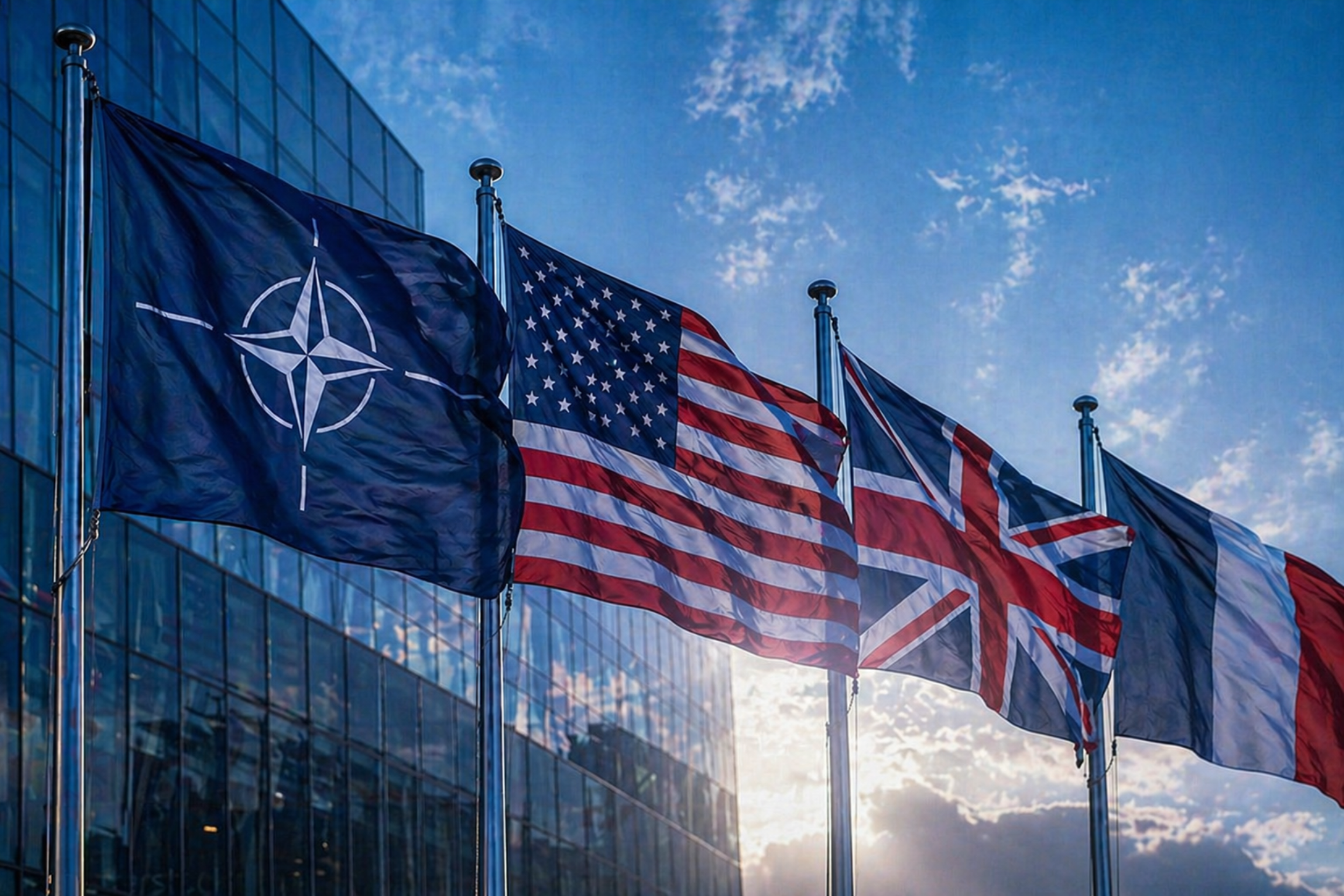 Multiple flags, including the NATO flag and the United States flag, flying outside a modern glass building against a partly cloudy sky.