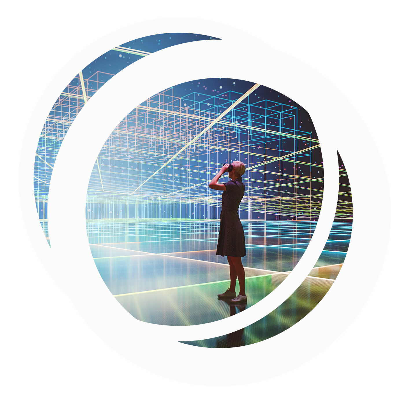 A woman standing and looking through binoculars at a digital grid and data visualization in a futuristic virtual environment.