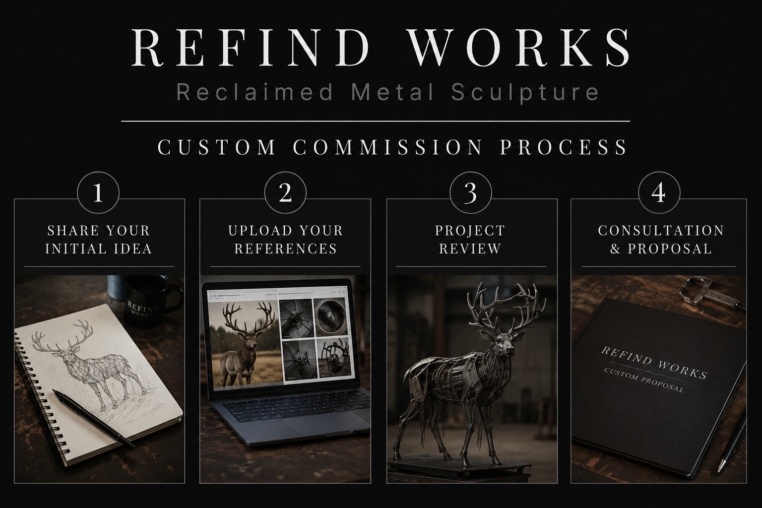 A step-by-step process infographic for Refind Works' custom metal sculpture service, including sharing initial ideas, uploading references, project review, and consultation & proposal, with images of sketches, a laptop, a metal reindeer sculpture, and a proposal booklet.