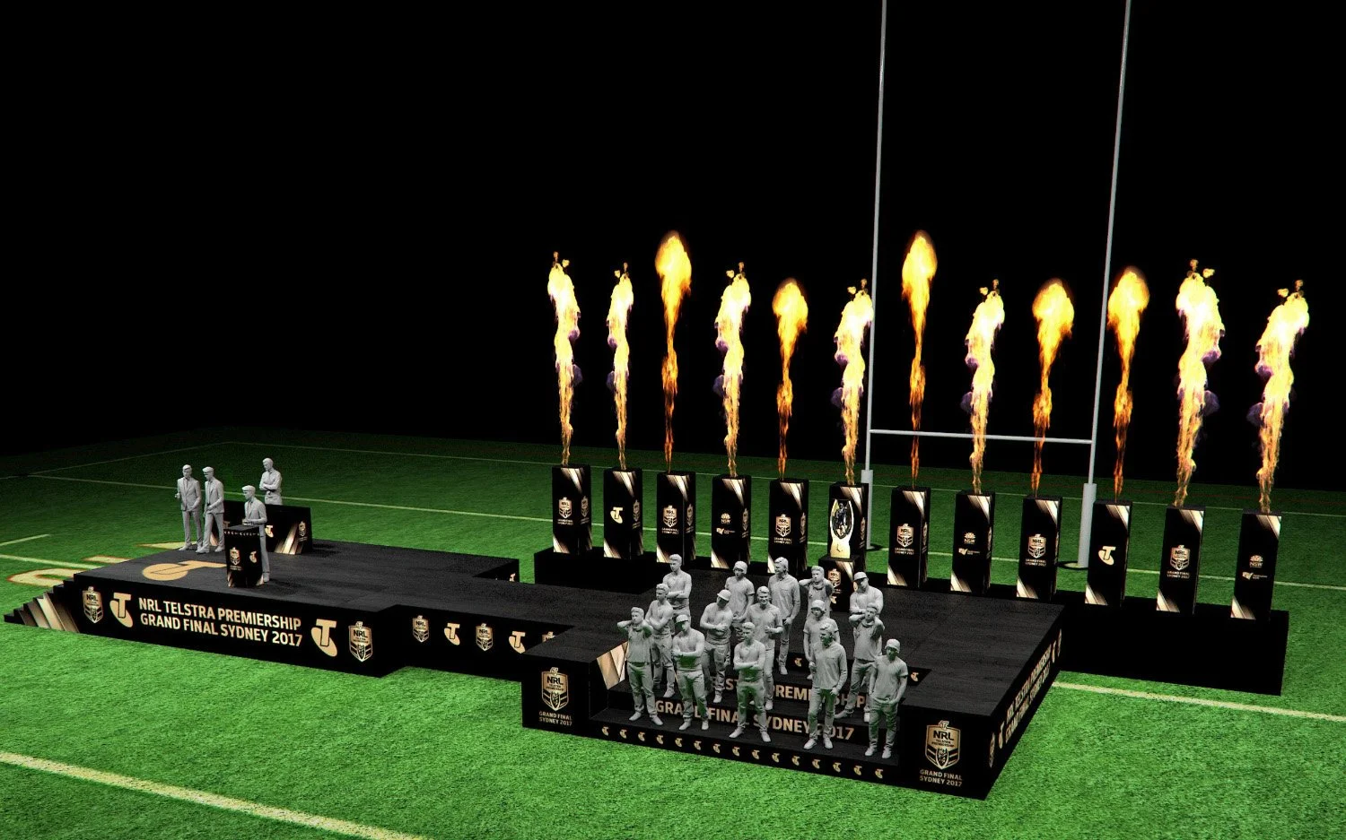 Stage with football players, officials, and pyrotechnics at the NRL Telstra Premiership Grand Final Sydney 2017.