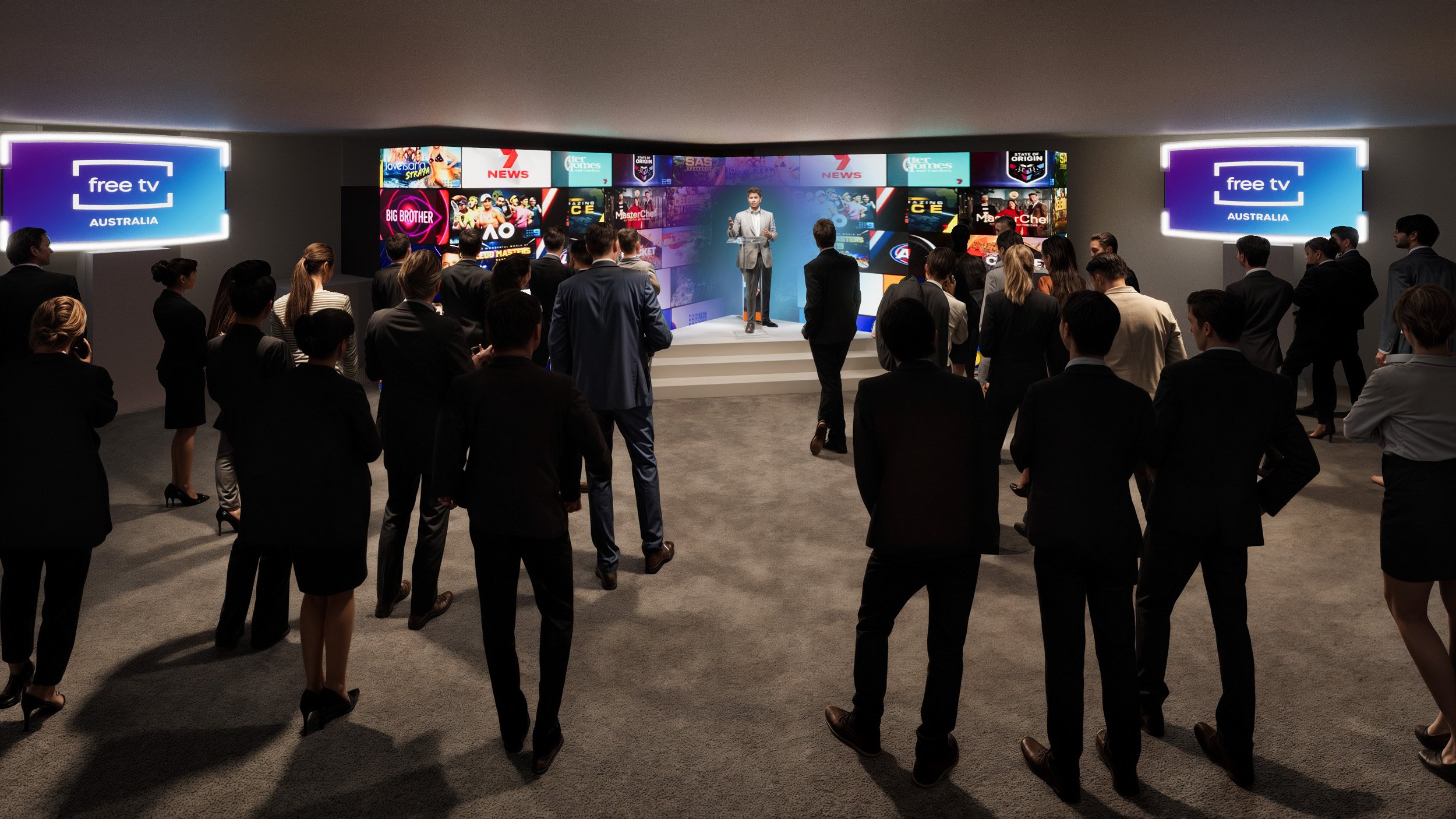 A group of business professionals attending a presentation or speech in a conference room with large screens, some showing 'Free TV Australia' logos and others displaying various digital media content.