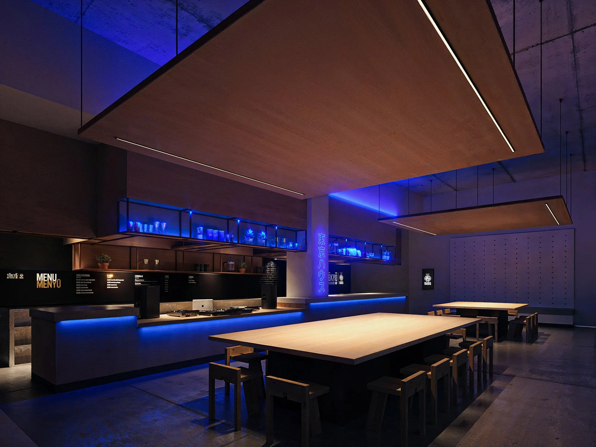 A modern, dimly-lit interior space with minimalist wooden tables and chairs, blue neon lighting, and a bar area with illuminated menus and glassware on shelves.