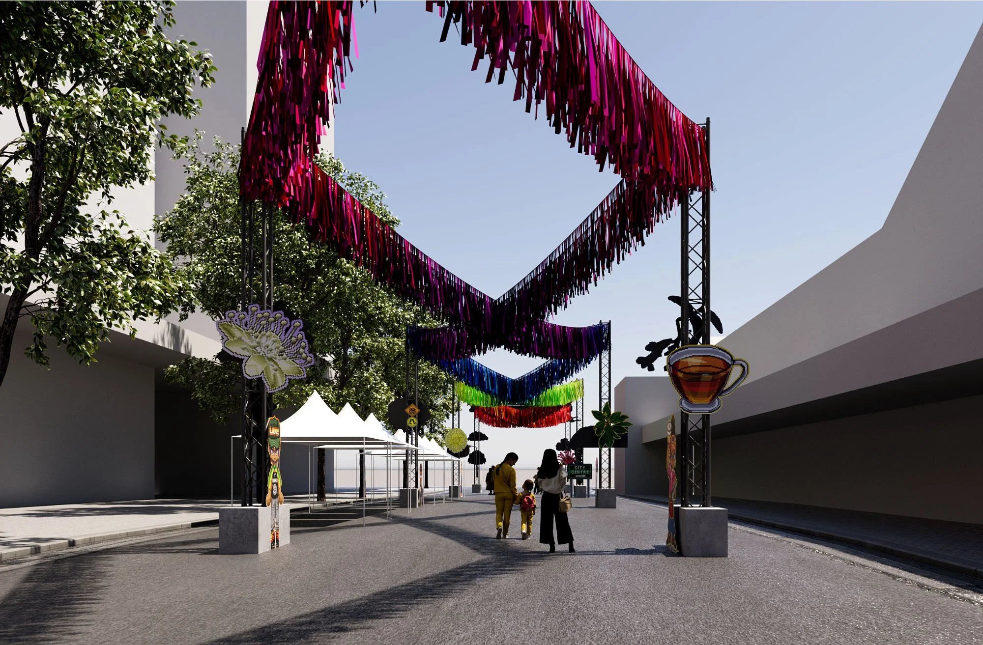 Street festival with colorful hanging streamers, decorative signs, and tents, with three people walking in the street.