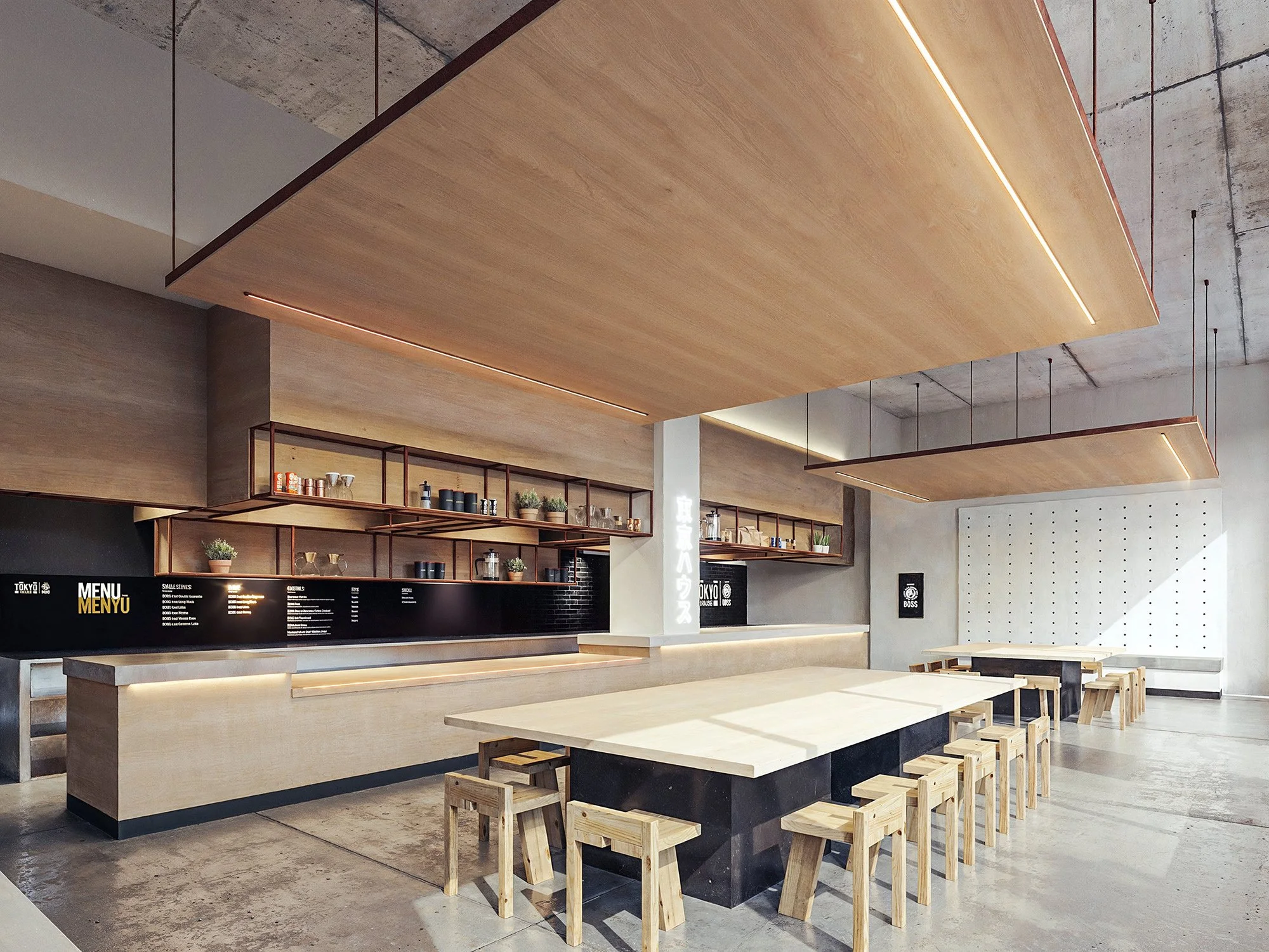 Modern minimalist cafe interior with wooden tables and stools, concrete floors, black wall menu, and exposed ceiling