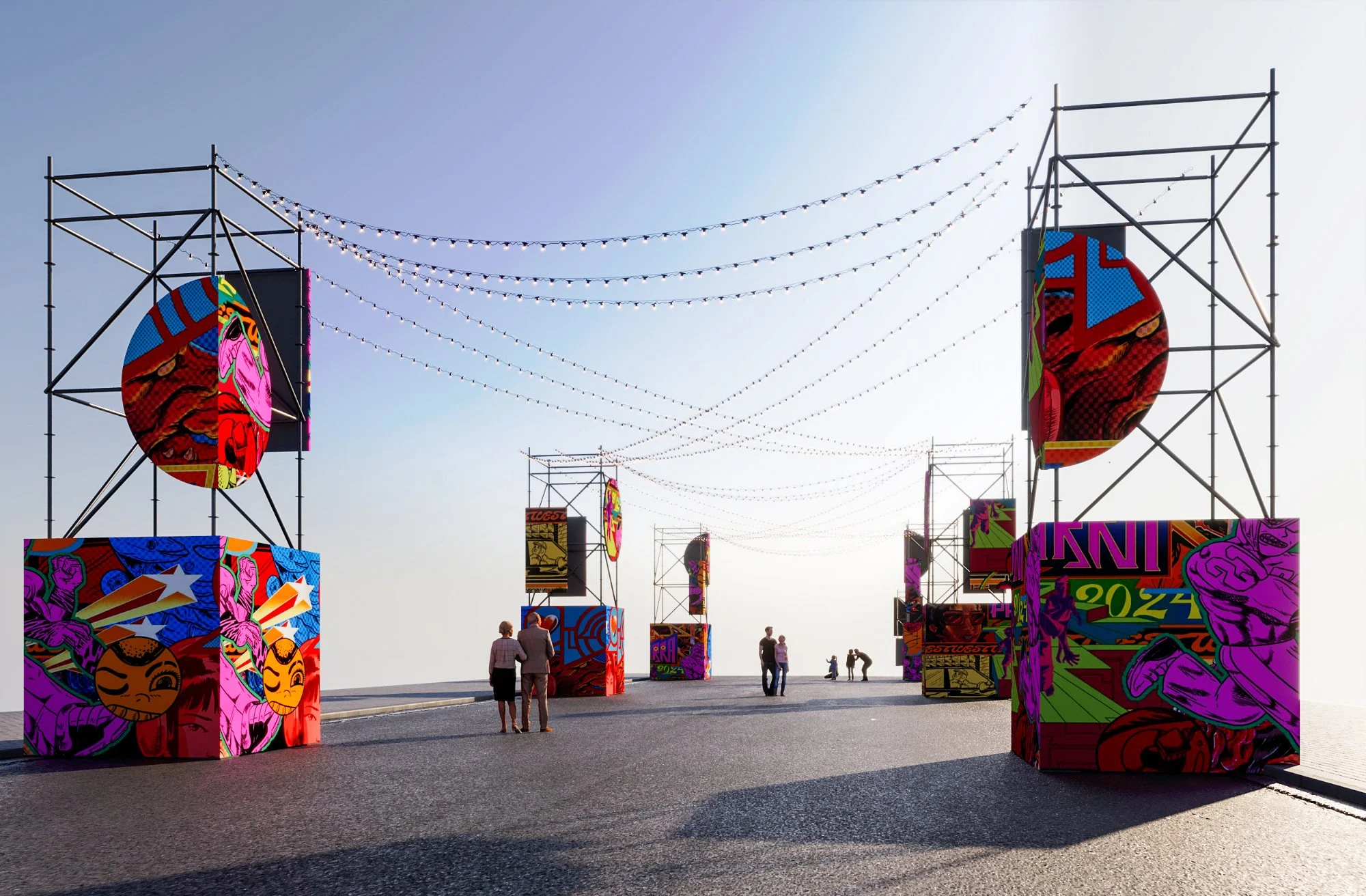Colorful outdoor art installation with large comic-style sculptures and string lights, people walking on paved surface, clear sky background.
