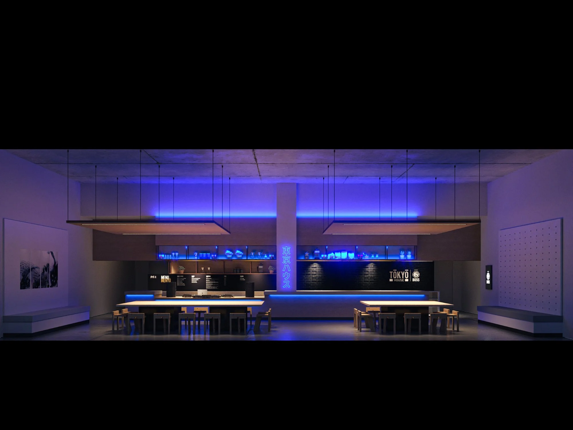 Modern, minimalistic restaurant with a blue neon-lit bar area and seating.