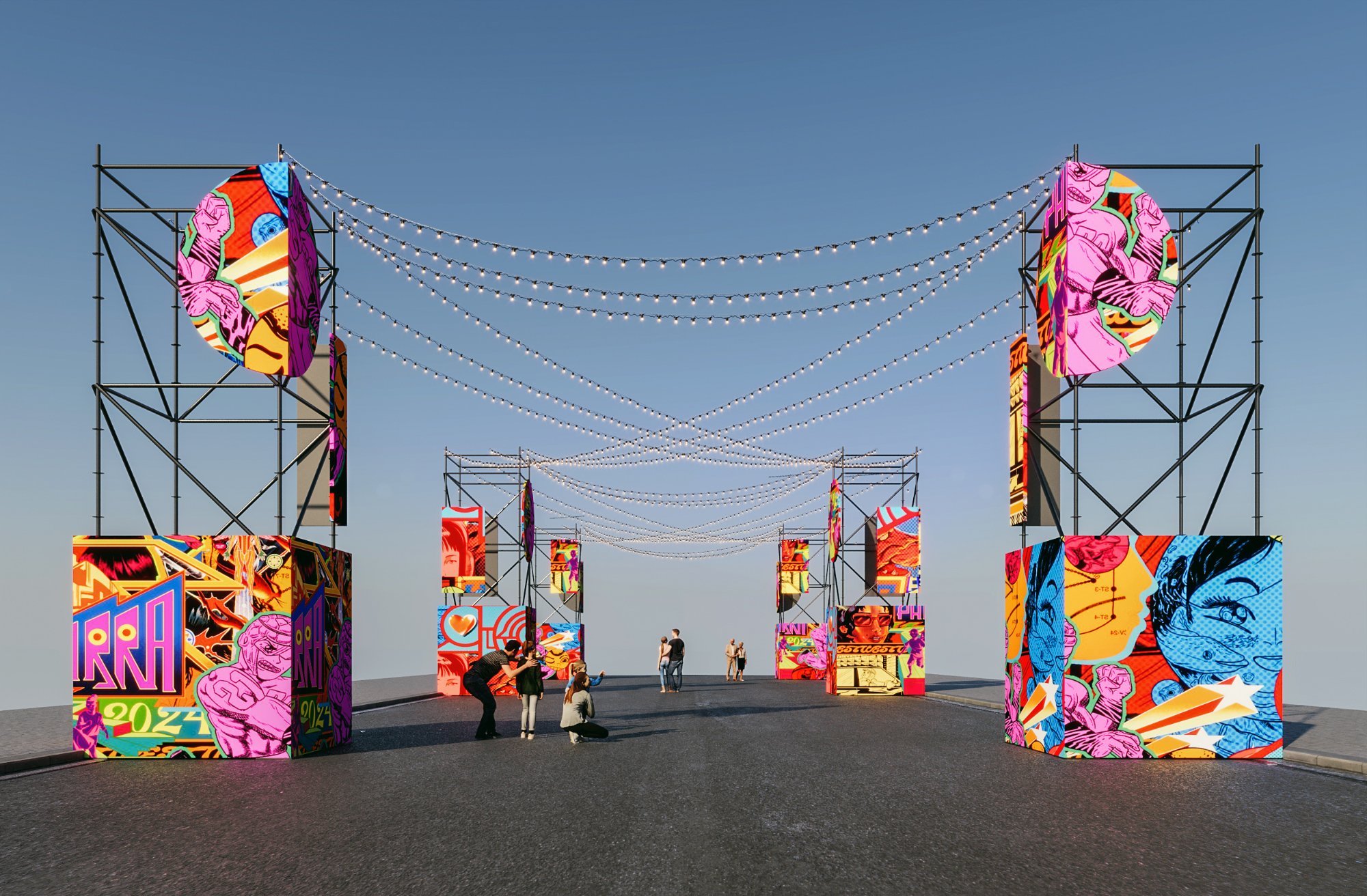An outdoor art installation featuring colorful pop art panels and string lights, with people viewing and taking photos.