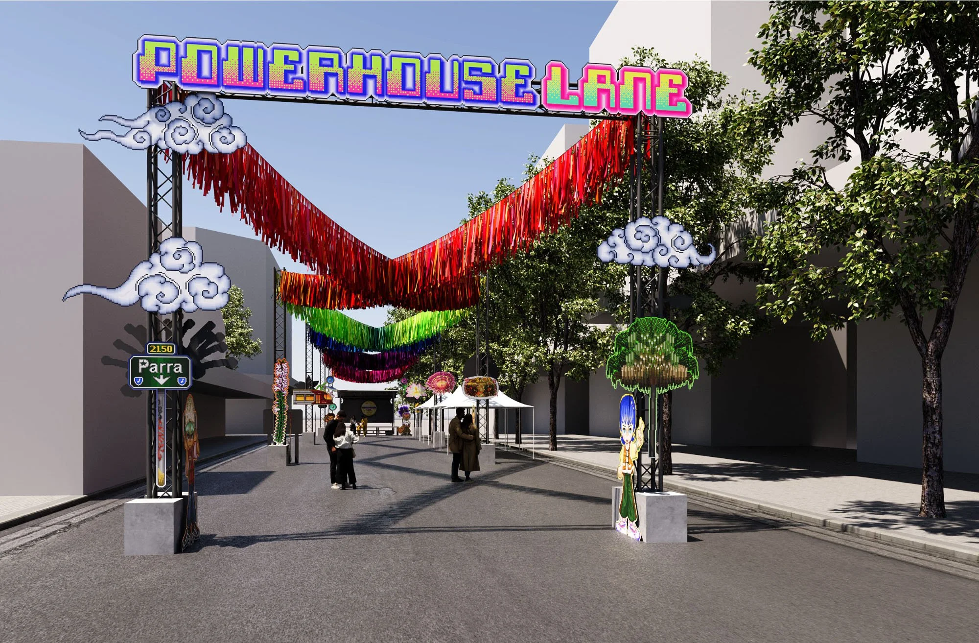 Decorative street entrance with colorful banner reading 'Powerhouse Lane', red, green, and purple hanging streamers, cloud-shaped lanterns, trees, and small festival stands with people walking around.