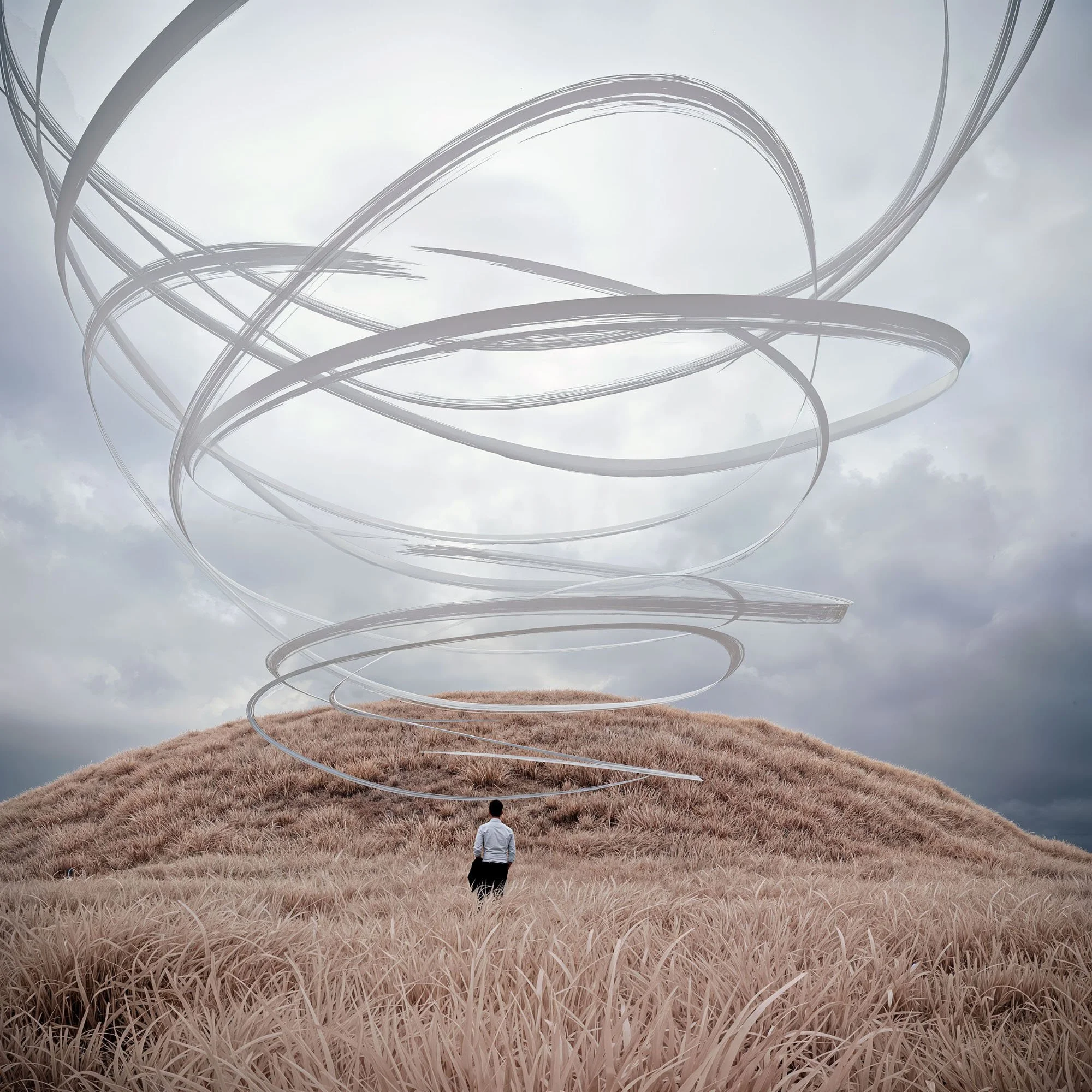 A person walking in a grassy field with a large hill in the background under a cloudy sky, with abstract spiral structures floating above.