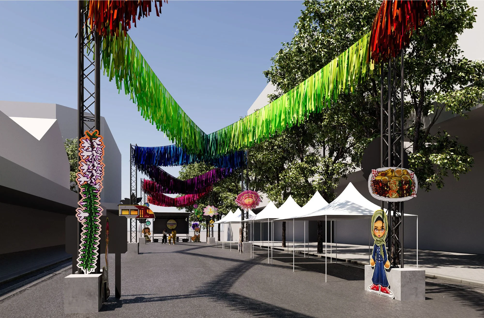 Outdoor street decorated with colorful streamers in green, blue, purple, and red. White tents line the sidewalk, and paper lanterns and character cutouts are visible. Trees provide shade under a clear blue sky.