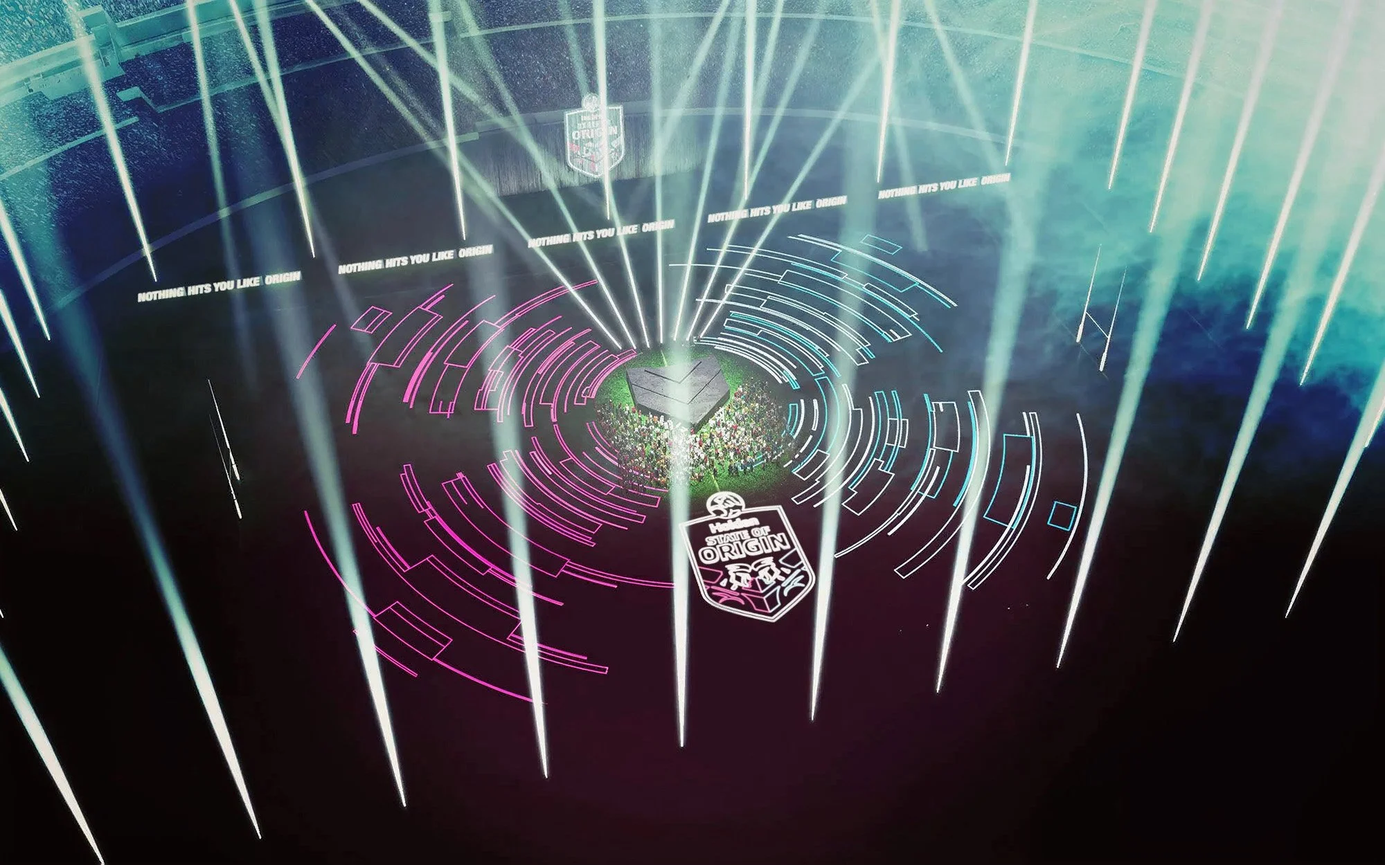 A digital graphic of a futuristic circular stage with colorful neon lighting, featuring a central logo with the text 'Straight of Origin' and a crowd of people underneath, surrounded by curved neon lines and the repeated phrase 'Nothing hits you like