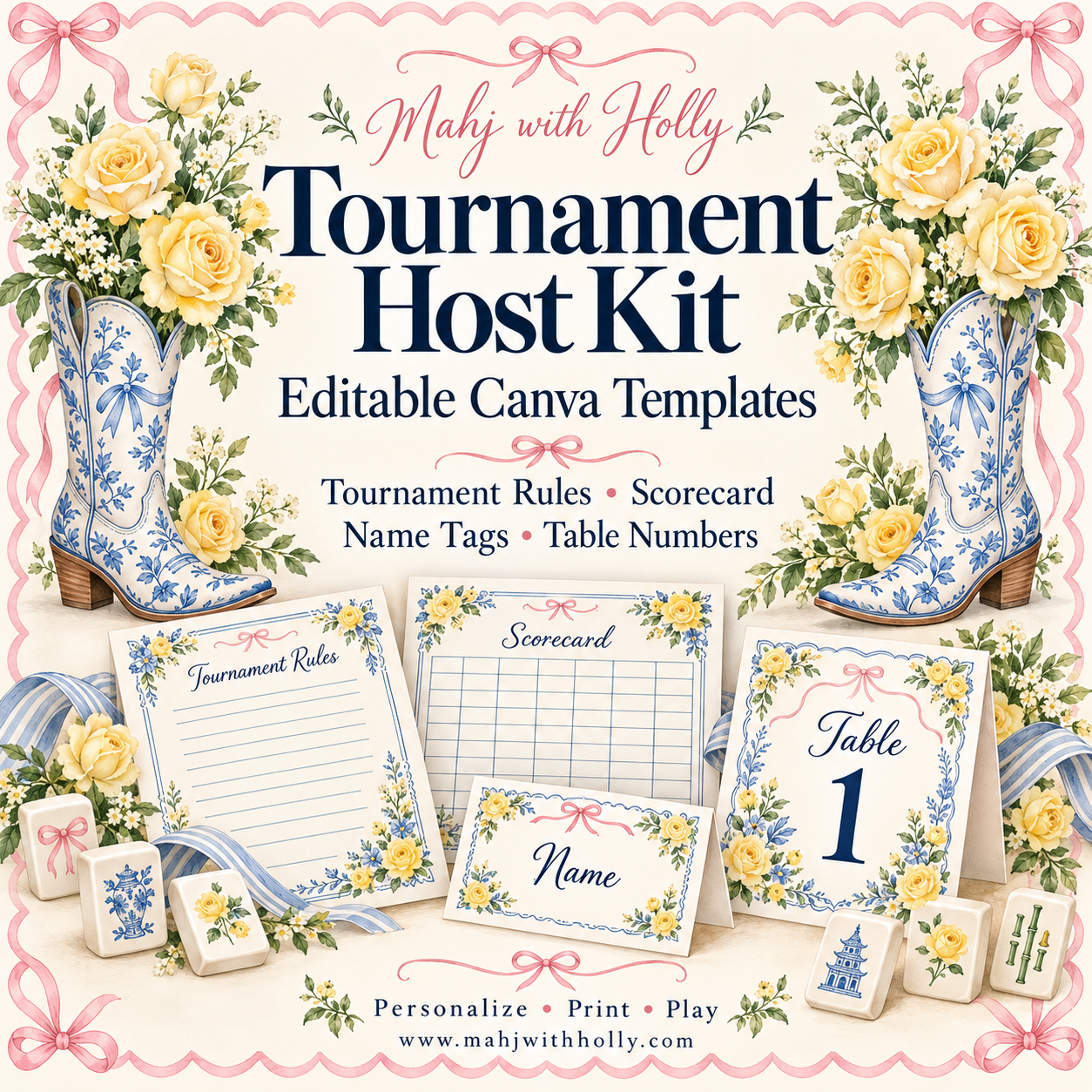 Mahj with Holly Tournament Host Kit — Editable Canva Templates
