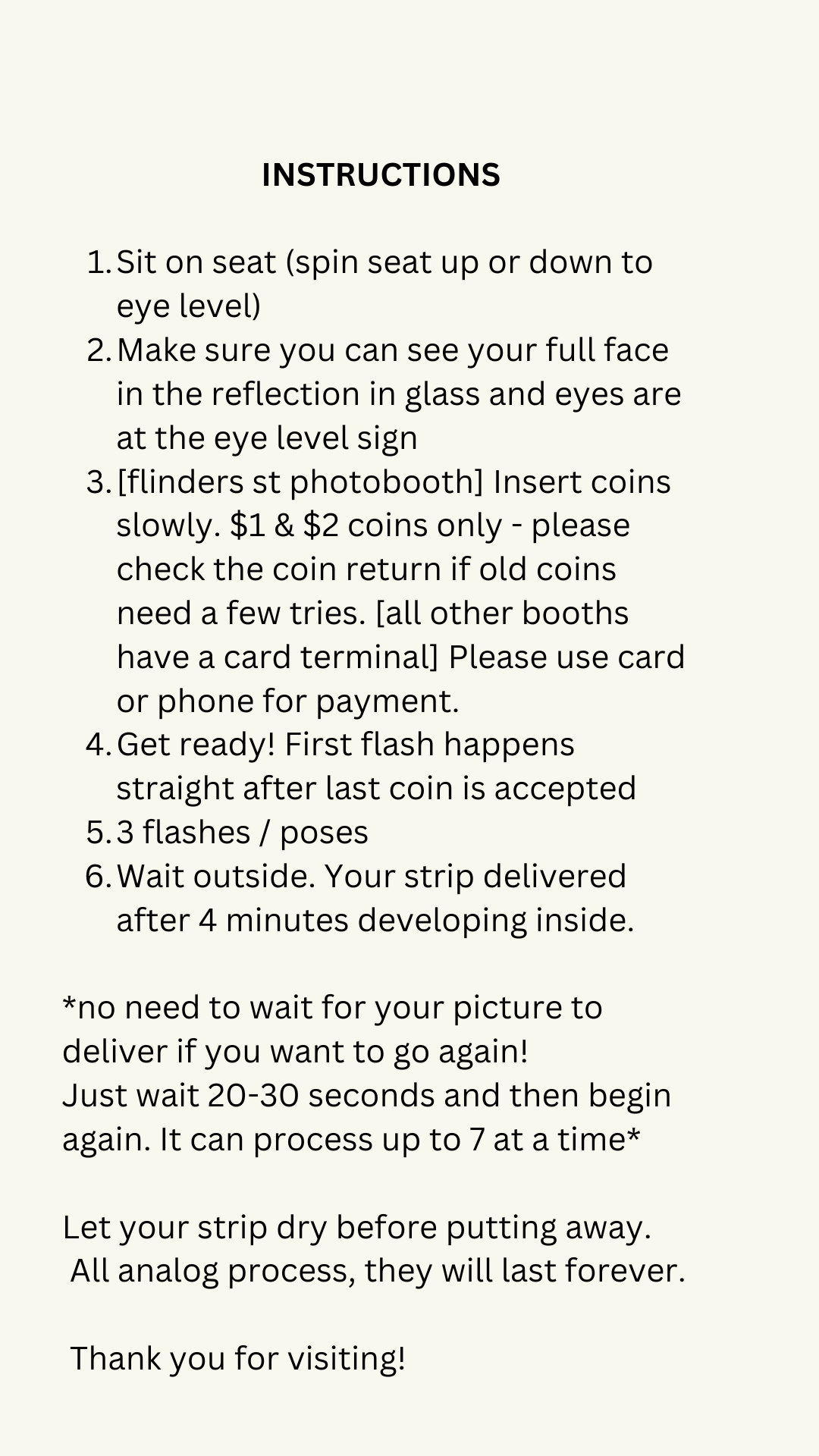 A set of instructions for a photo booth, including steps for sitting properly, inserting coins, flashing, posing, waiting outside, and waiting 20-30 seconds before taking another picture.