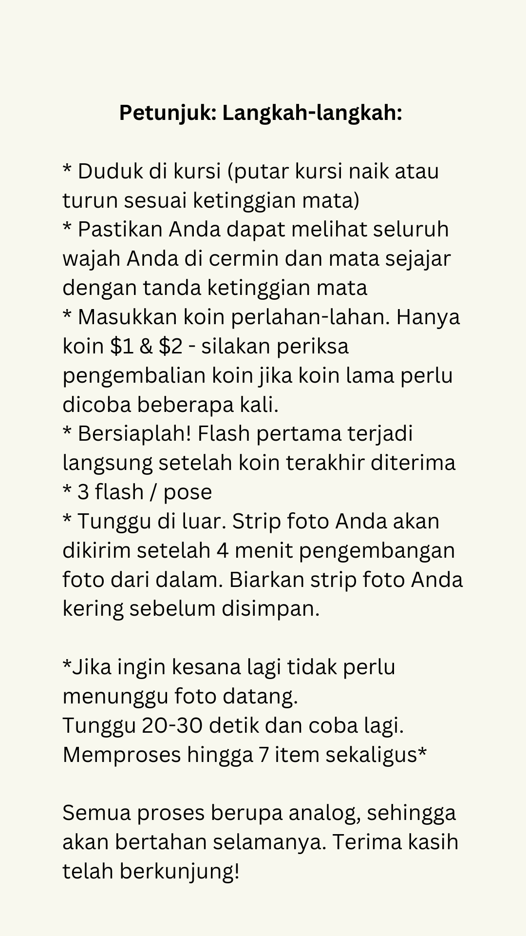 Instructions in Indonesian for taking a photo with specific steps, including sitting in a chair, adjusting the height for eye level, inserting coins, pressing flash, waiting for photo development, and optional reattempts.