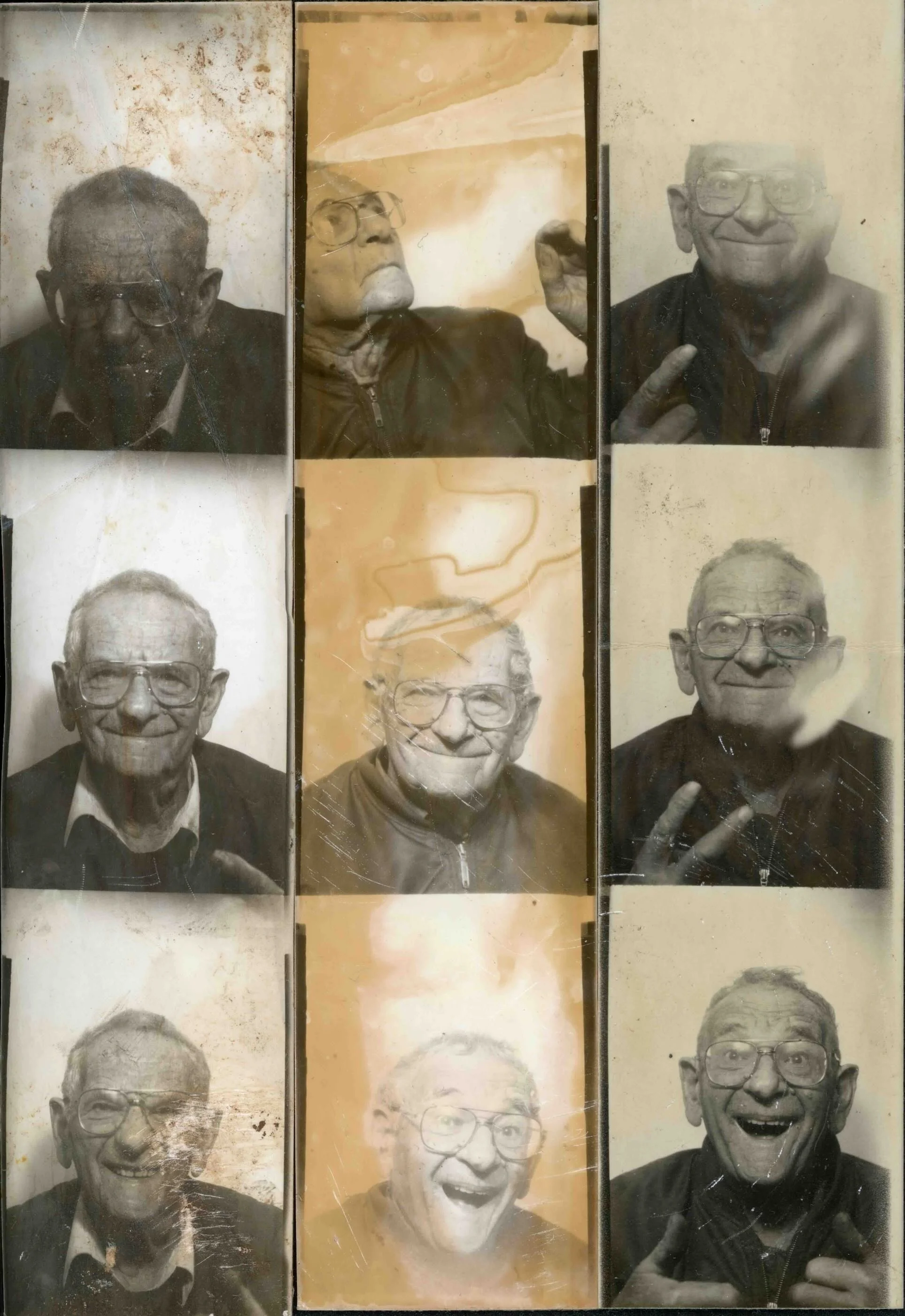 Nine vintage black-and-white portrait photos of an elderly man with glasses, showing various facial expressions and gestures, arranged in three rows and three columns.