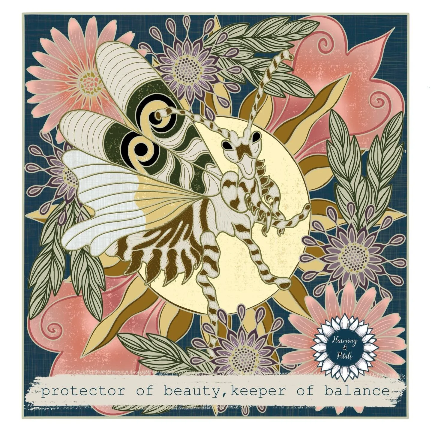 Day 4/100 - The stillness of the garden a Spiny Flower Mantis rests among African daisies.  Within their partnership, the garden thrives. One protects. One attracts. Together, they create balance.

#The100DayProject 
#GreetingCardArt
#artlicensing 
#