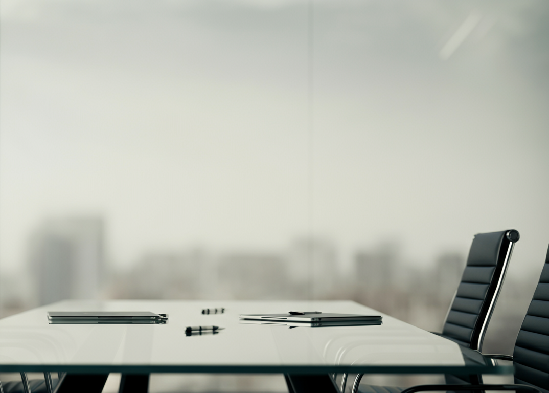 Empty conference room with black chairs and a white table, with some pens, markers, and notebooks on the table.