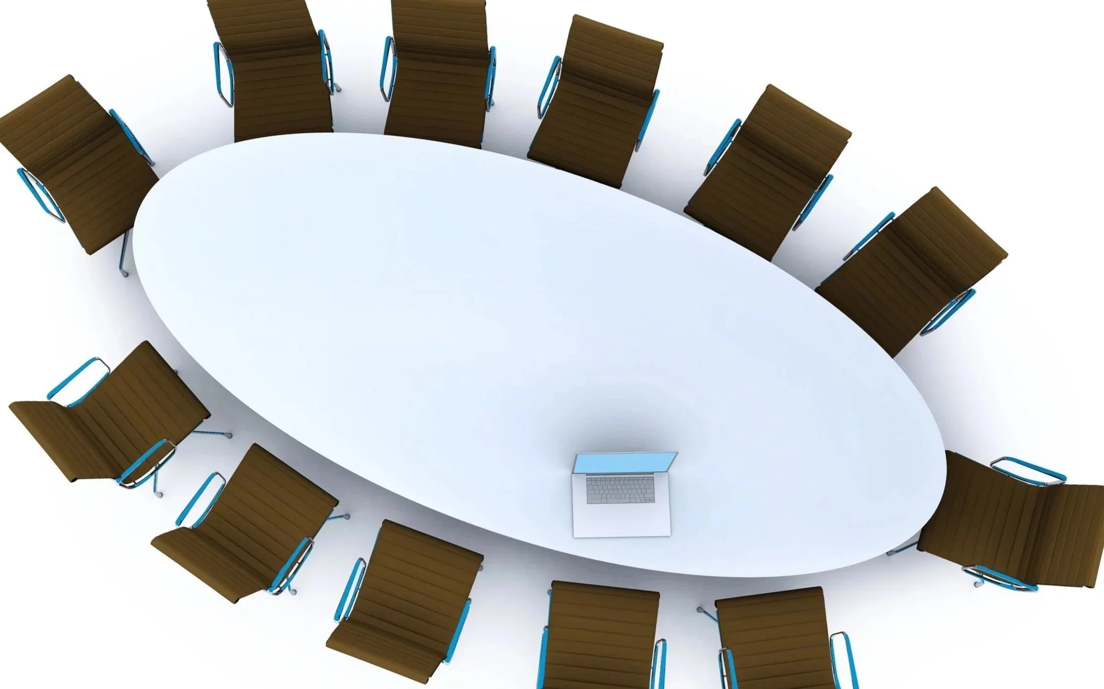 Conference room with an oval table surrounded by brown chairs with blue armrests, and a laptop on the table.