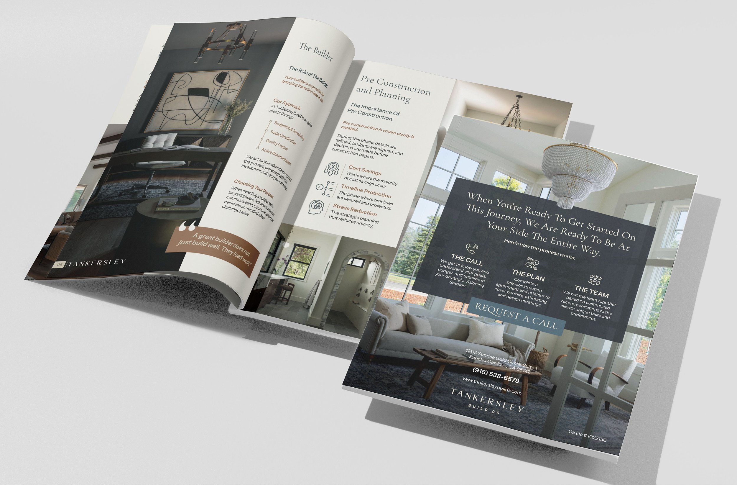 Open brochure for Tankersley Build Co. displaying interior home photos, project planning information, and a contact call to action for starting construction, with a dark overlay and text.