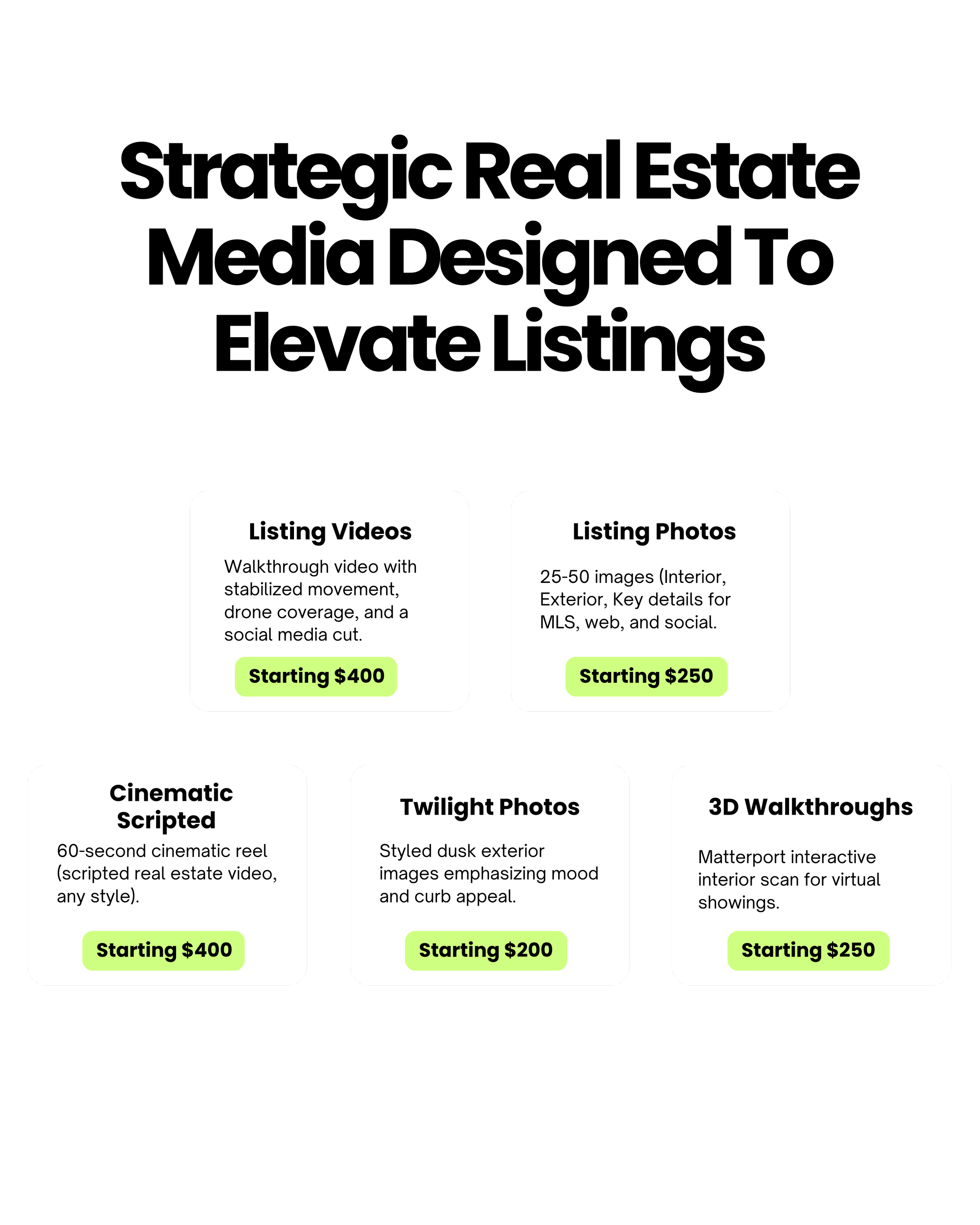 Real estate marketing services with options for listing videos, photos, cinematic scripting, twilight photos, and 3D walkthroughs