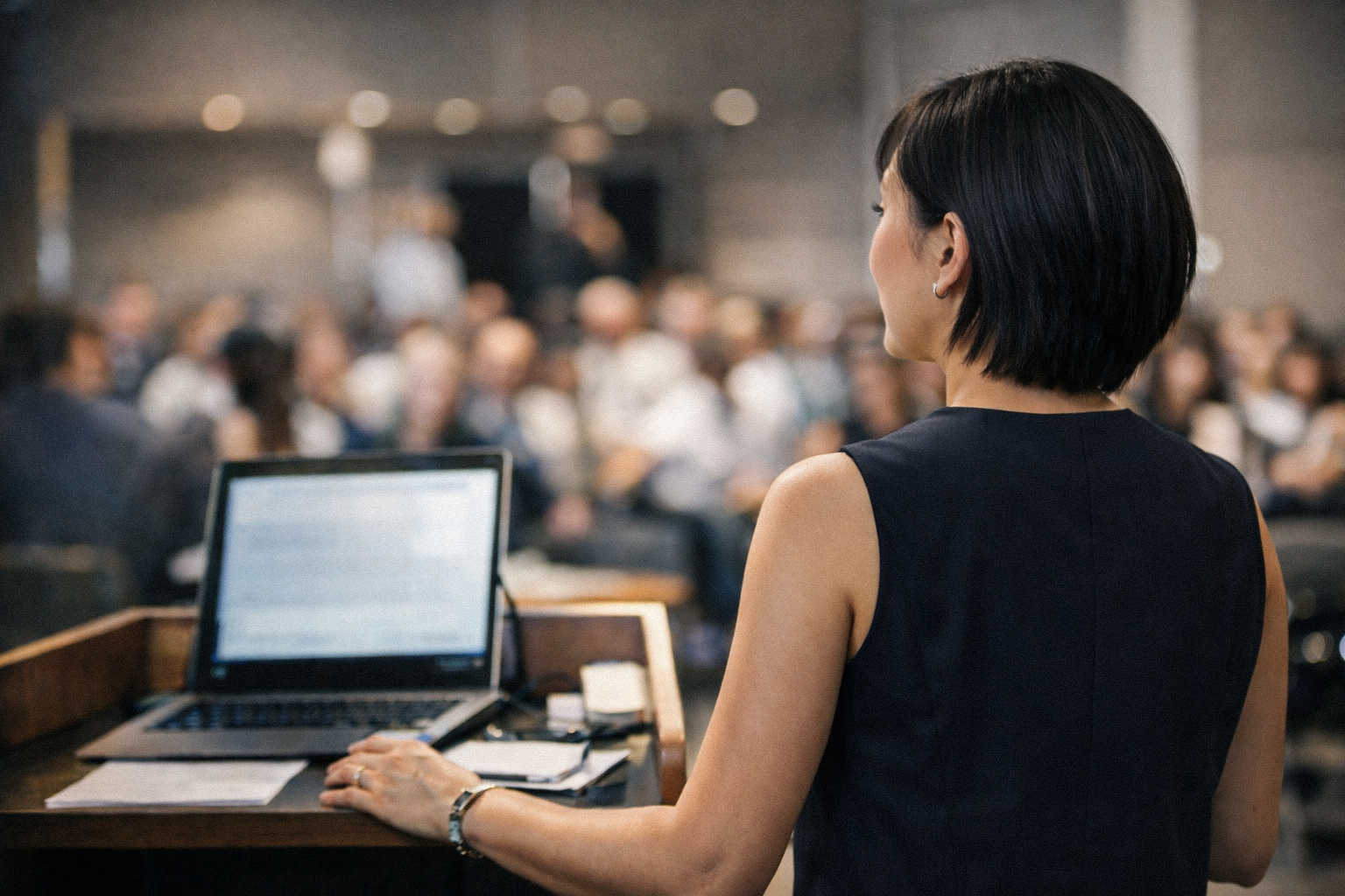A woman with short black hair and a sleeveless black top is standing at a podium with a laptop, presenting to a large audience in a conference room.