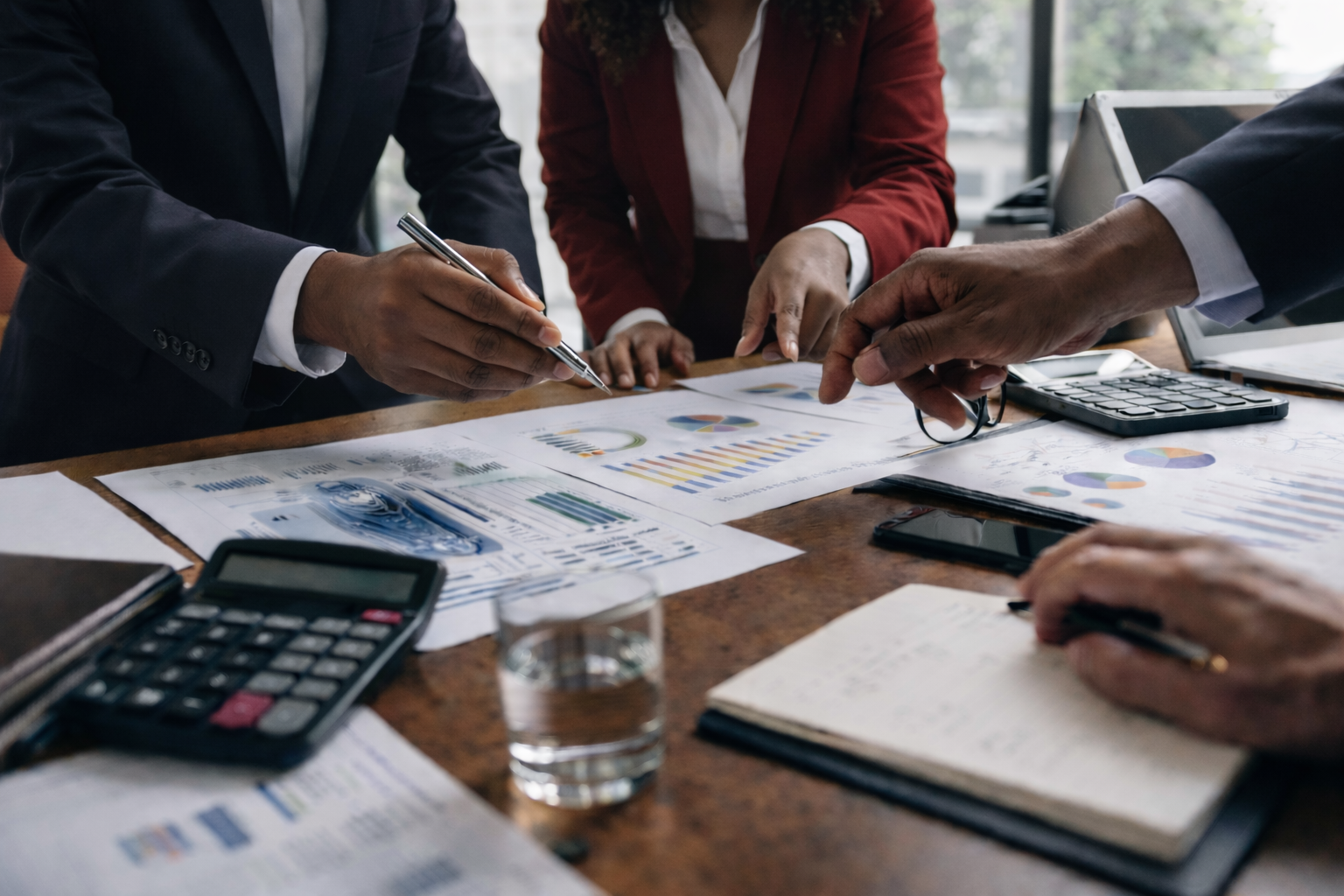 Businesspeople discussing financial charts and graphs on a table with calculators, notebooks, and smartphones in an office conference room.