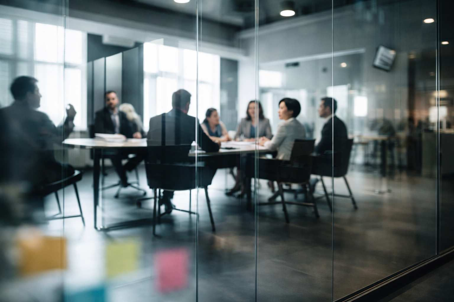 Business professionals having a meeting in a modern conference room with glass walls.