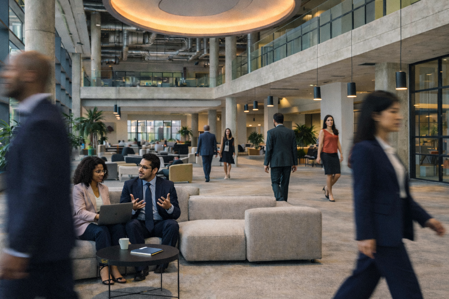 Business professionals in a modern, spacious lobby area, some are sitting and talking on a sofa, others are walking around, with glass walls and plants in the background.