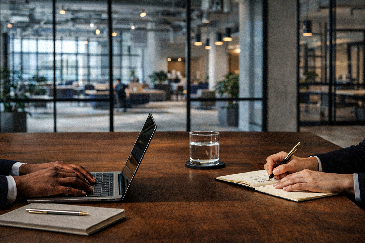 Two business people sitting at a wooden conference table in a modern office, one typing on a laptop and the other writing in a notebook, with a glass of water between them and a spacious, well-lit office background.