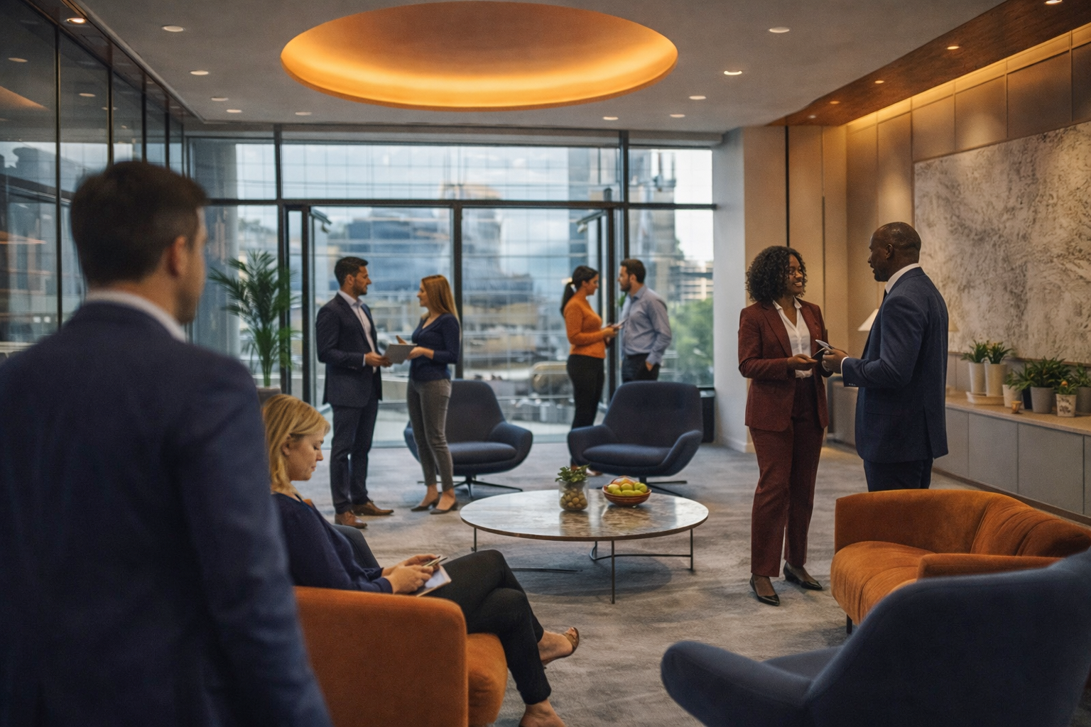 Business professionals socializing and talking in a modern office lounge with large windows, contemporary furniture, and cityscape view.