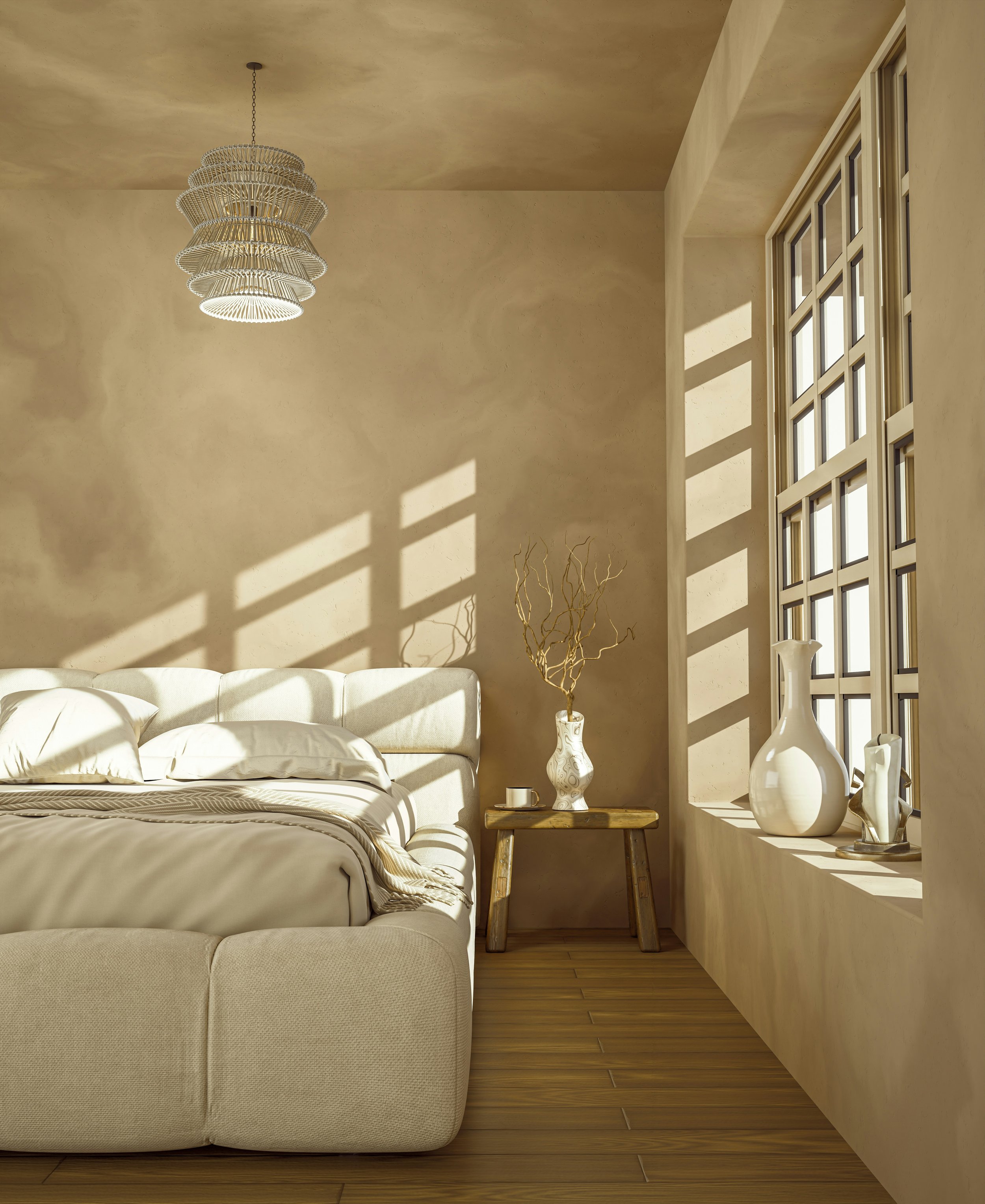Neutral bedroom interior with soft light representing stability, comfort, and log-term home ownership.