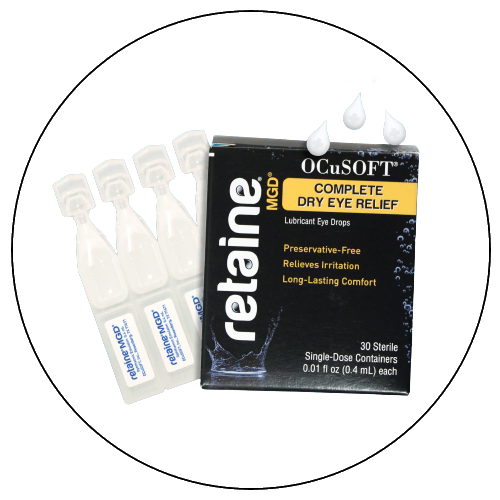 Box of OCUSOFT Complete Dry Eye Relief lubricating eye drops with three individual vials.