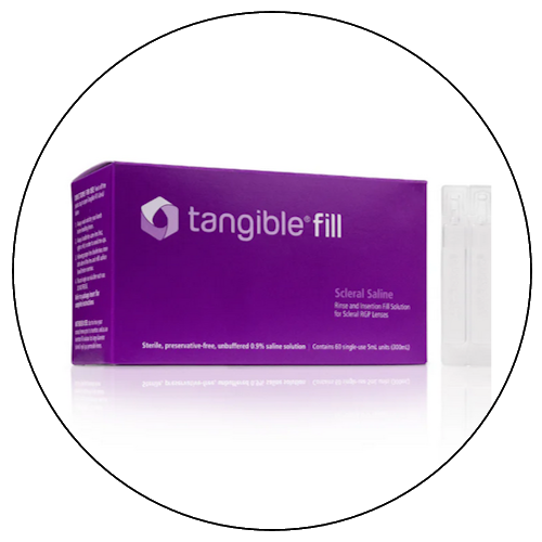 Purple box of Tangible Fill Scleral Saline with two individual saline solution vials beside it.