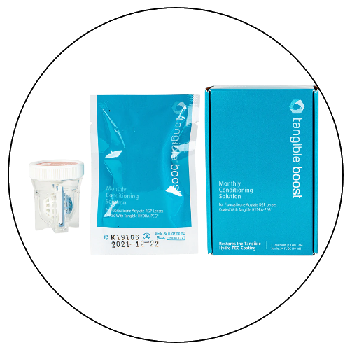 Box of Tangible Boost monthly conditioning solution, a small container, and a packet of the conditioning solution.
