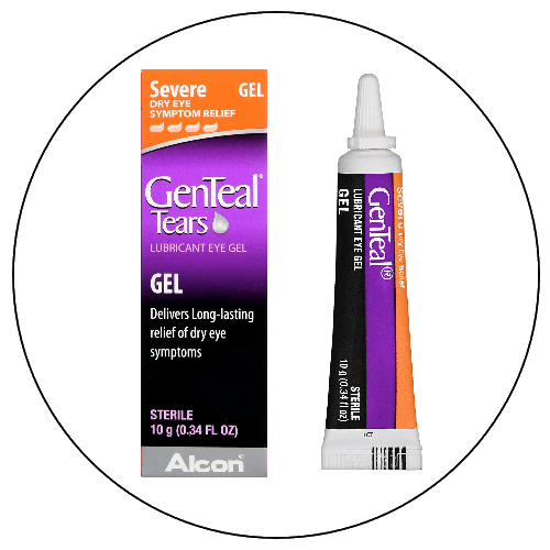 A tube of GenTeal Tears Lubricant Eye Gel next to its box, which indicates it relieves dry eye symptoms and contains 10 grams of sterile gel.
