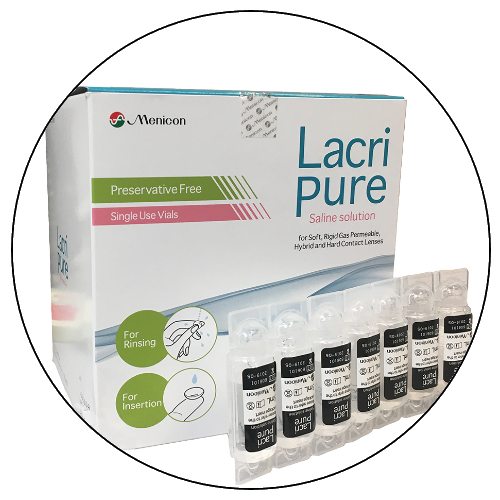 Box of Lacri Pure saline solution single-use vials for rinsing and inserting contact lenses.