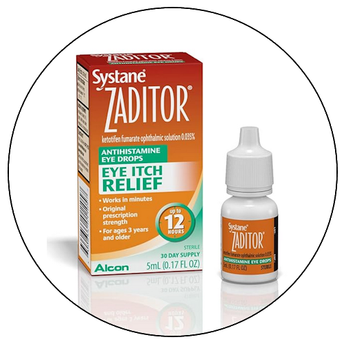 Box and bottle of Systane ZADITOR antihistamine eye drops for eye itch relief, 5ml, with up to 12 hours of relief, for adults and seniors.