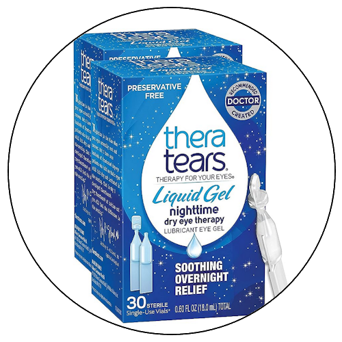 Two boxes of TheraTears Liquid Gel nighttime dry eye therapy, soothing overnight relief, 30 single-use vials, preservative-free, with an applicator for each vial.