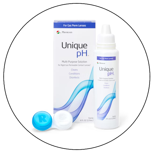 A bottle of Unique pH multi-purpose contact lens solution with a box, two contact lens cases, and a small white container.
