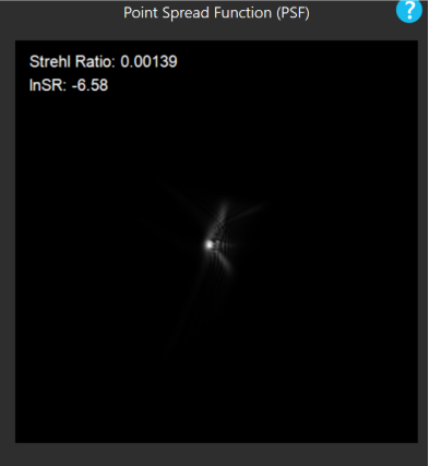 Screenshot of a Point Spread Function (PSF) analysis with Strehl Ratio of 0.00139 and InSR of -6.58, displaying a bright central point with surrounding diffraction pattern on a black background.