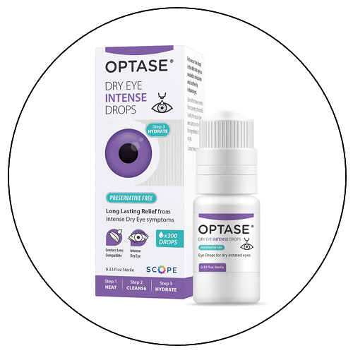 Box and bottle of OPTASE Dry Eye Intense Drops, preservative-free eye drops for dry eye relief, step 3 hydrate, with packaging showing an eye illustration and product information.