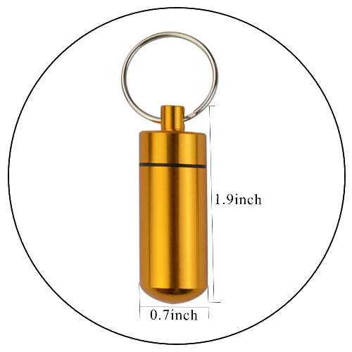 A small, gold-colored cylindrical keychain with a metal ring on top, measuring 1.9 inches in height and 0.7 inches in width.