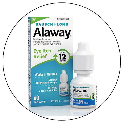 Bausch + Lomb Alaway Eye Itch Relief eye drops box and bottle, used for allergy relief, with up to 12 hours effectiveness, 60-day supply, for ages 3 and older.