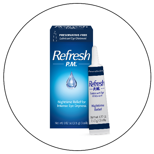 A box and tube of Refresh P.M. nighttime eyelid drying relief eye ointment, preservative-free, with a blue and white design.