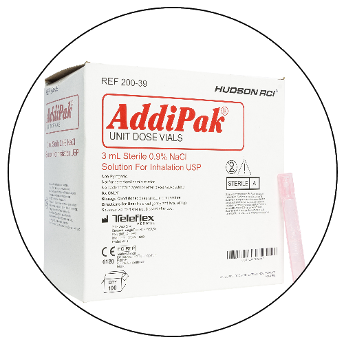 A box of AddiPak unit dose vials with a pink medical dropper placed beside it.