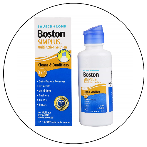 A bottle of Bausch + Lomb Boston Simplus Multi-Action Solution next to its packaging box.