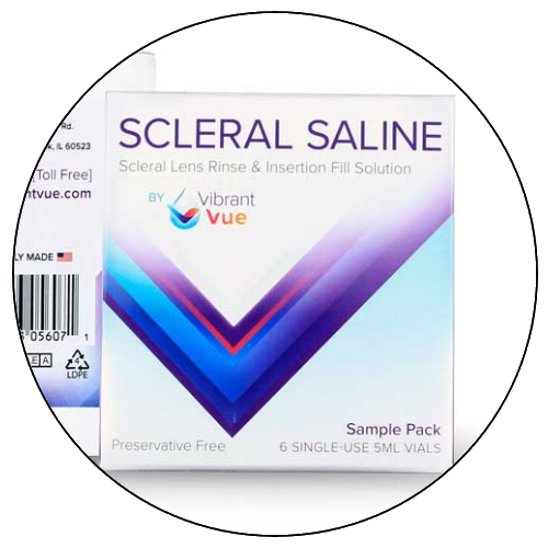 Box of VibrantVue scleral saline solution with purple and blue geometric design, labeled as single-use vials.