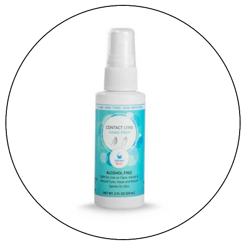 A white spray bottle labeled 'Contact Lens Hand Prep' with blue accents, indicating it is alcohol-free and safe for use on face, hands, and around eyes.
