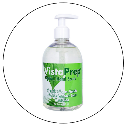 Bottle of VistaPrep optical hand scrub with a pump dispenser, label emphasizes gentle cleaning before contact lens insertion.